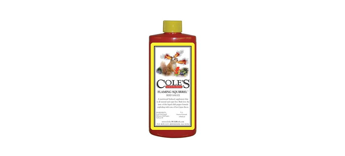 COLE'S FS16 Flaming Squirrel Seed Sauce on mixed seeds attracts backyard birds.