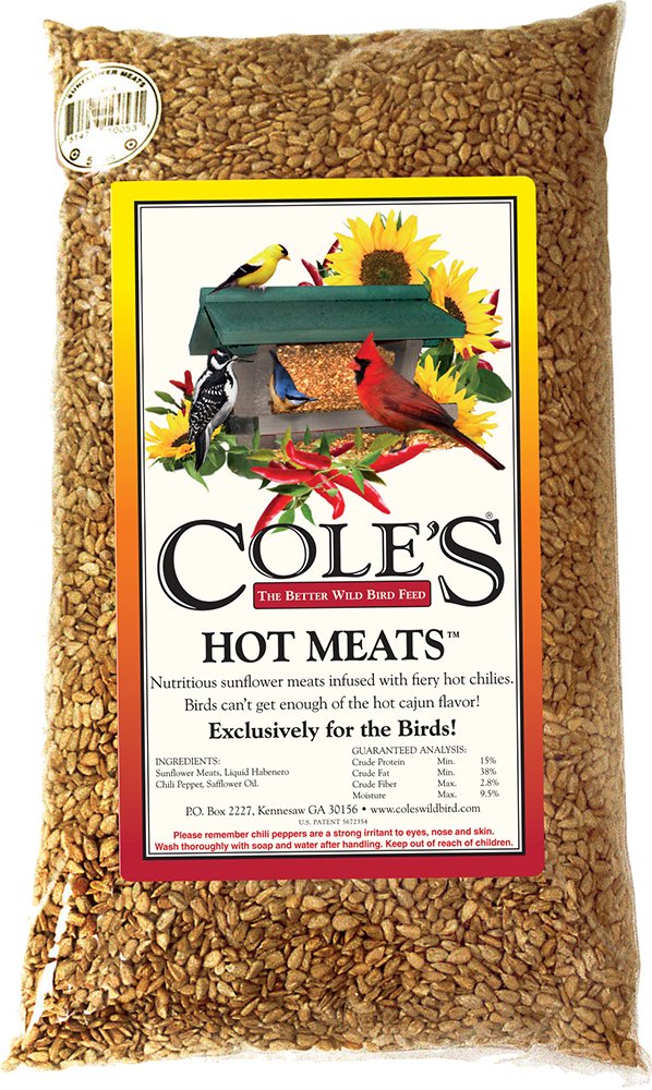 Cole's HM05 Hot Meats seed in a 5 lb bag attracts sunflower-loving birds