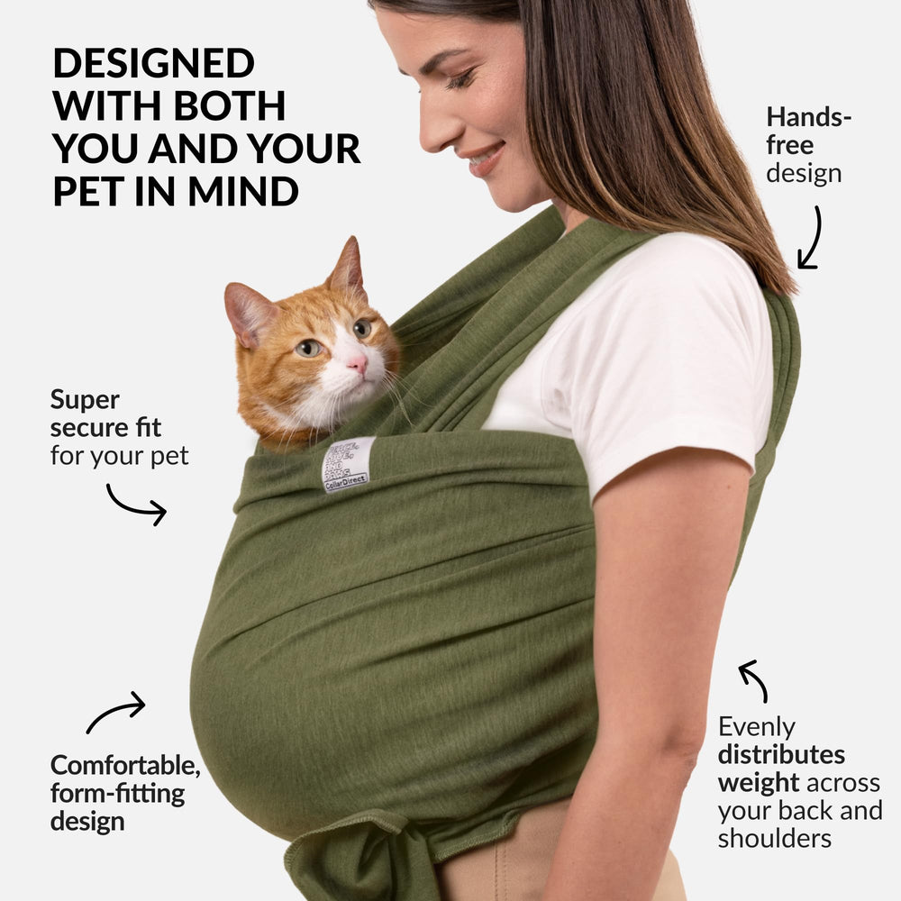 CollarDirect cat sling in black demonstrates secure fit during quick trips