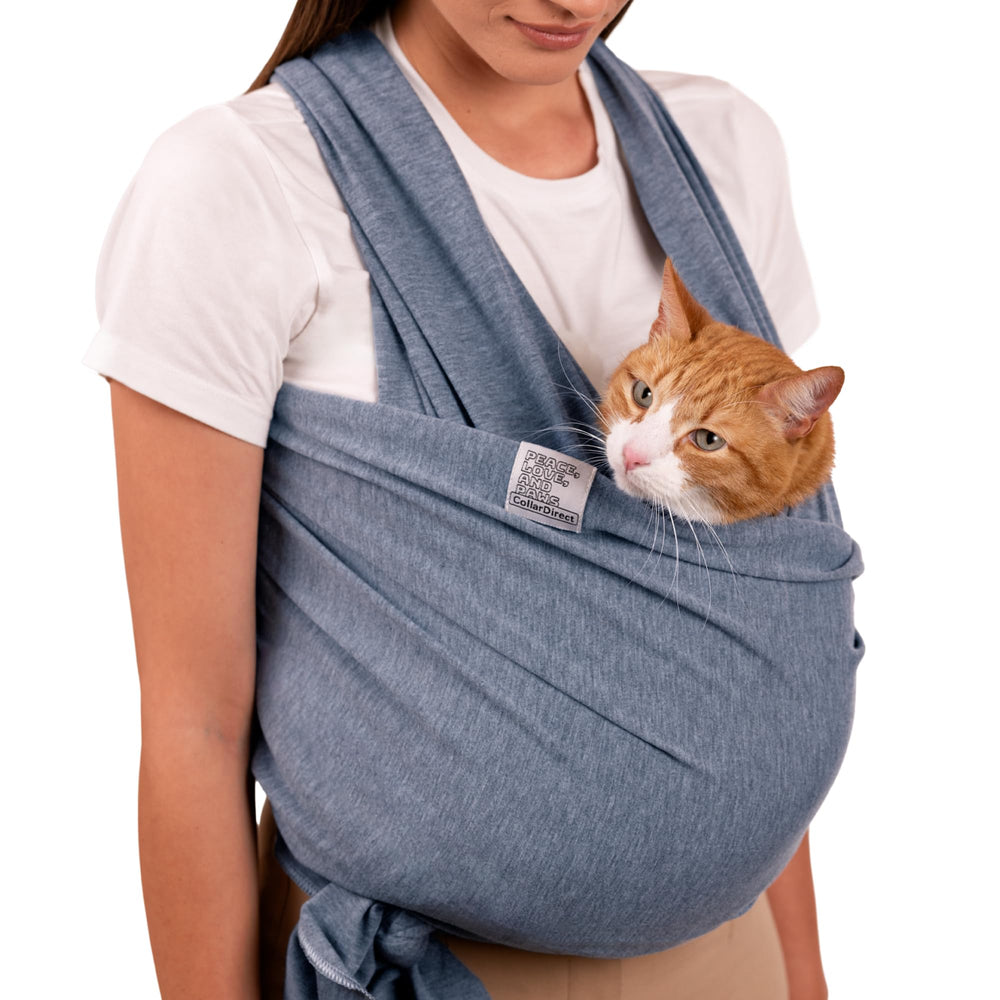 CollarDirect cat sling carrier gray large front view shows hands-free transport and secure fit.