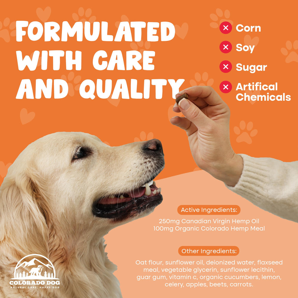 Colorado Dog calming chews with a dog toy imply joint comfort.