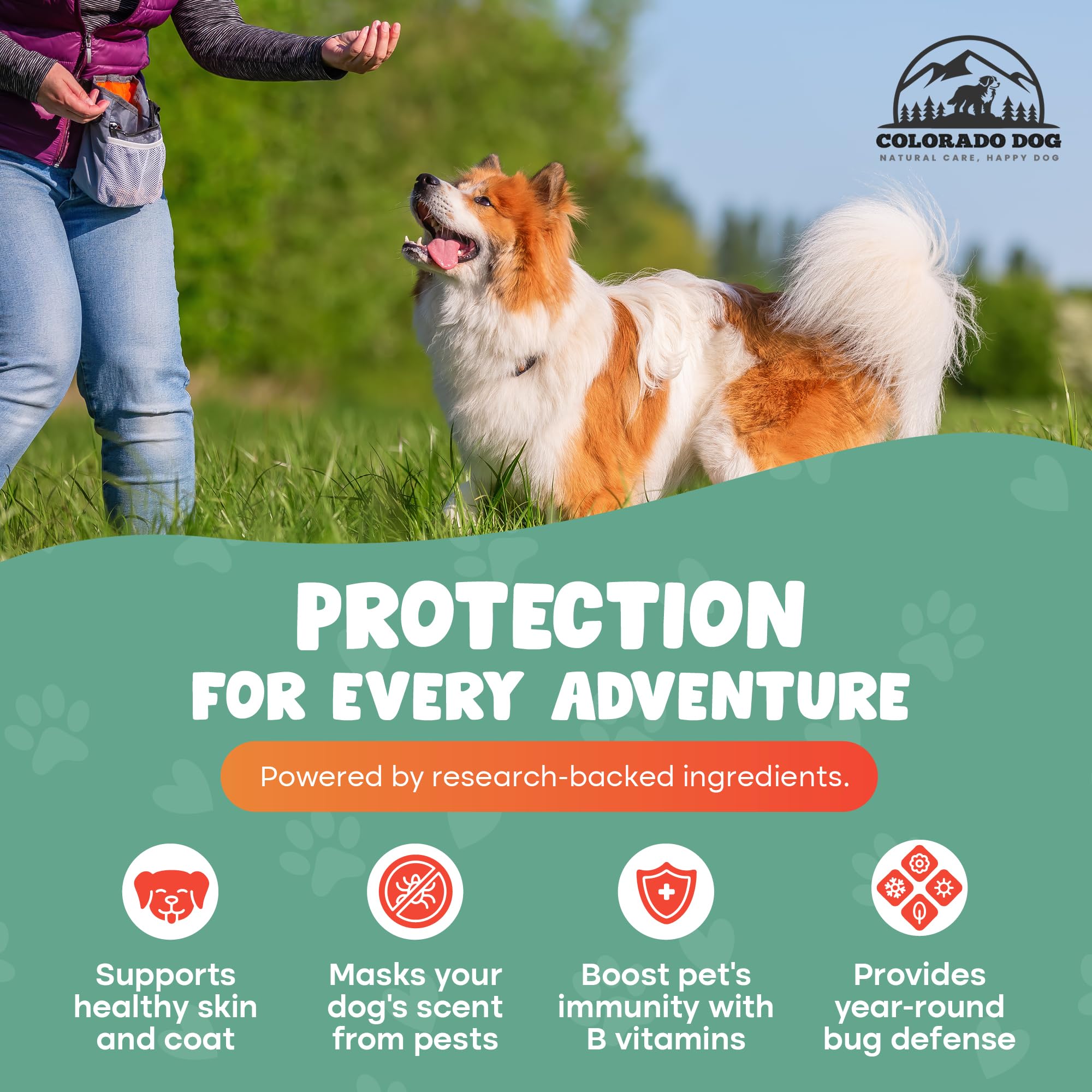 Colorado Dog chews with garlic and brewer's yeast support skin and coat