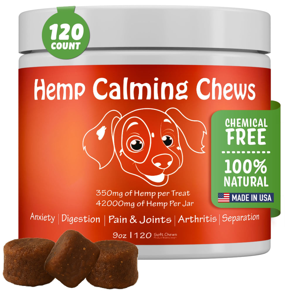 Colorado Dog Hemp Calming Chews in a jar promote calmness for anxious dogs.