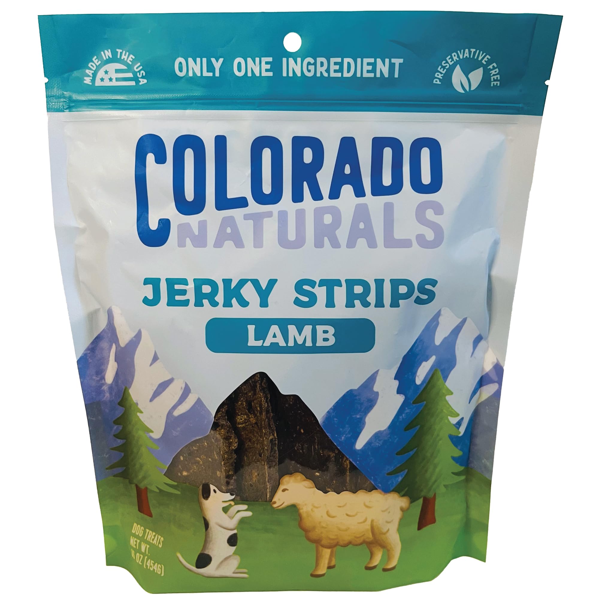 Colorado Naturals Lamb Jerky Strip front packshot, ideal training reward with high-protein appeal.