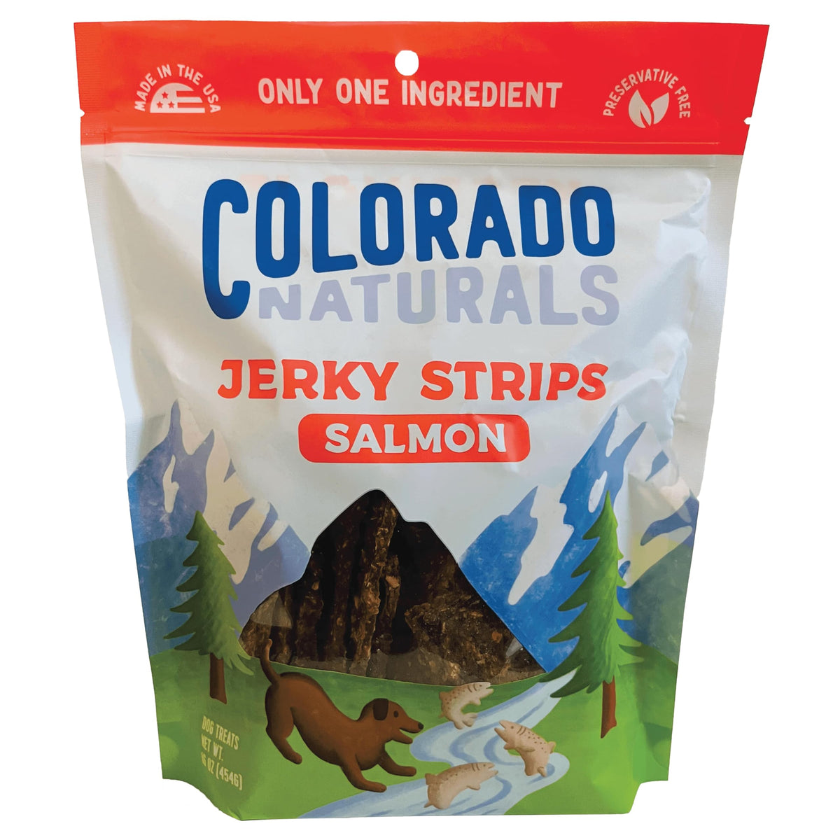 Colorado Naturals salmon jerky strips in a 16oz bag, ideal for training rewards