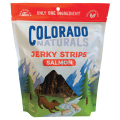 Colorado Naturals salmon jerky strips in a 16oz bag, ideal for training rewards