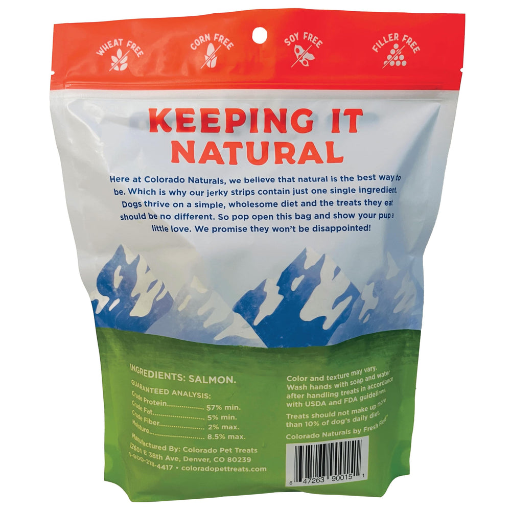 Close-up of Colorado Naturals salmon jerky strips texture and chew