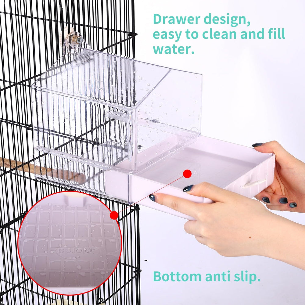 Transparent shell helps monitor water levels and minimize mess around the cage.