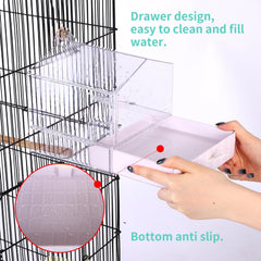 Transparent shell helps monitor water levels and minimize mess around the cage.