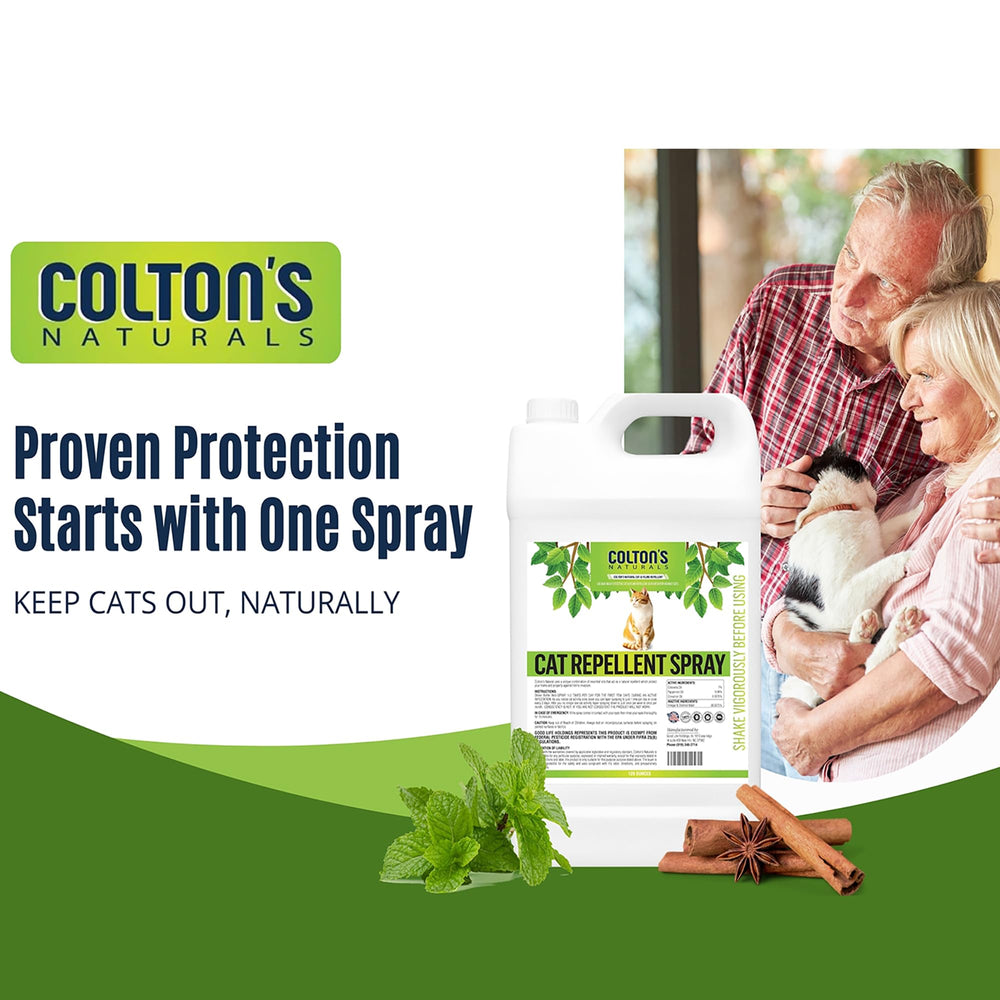 Colton's Naturals Cat Repellent Spray ready to use outdoors.