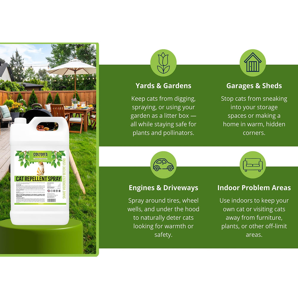 Colton's Naturals Cat Repellent Spray around trash cans deters visits.