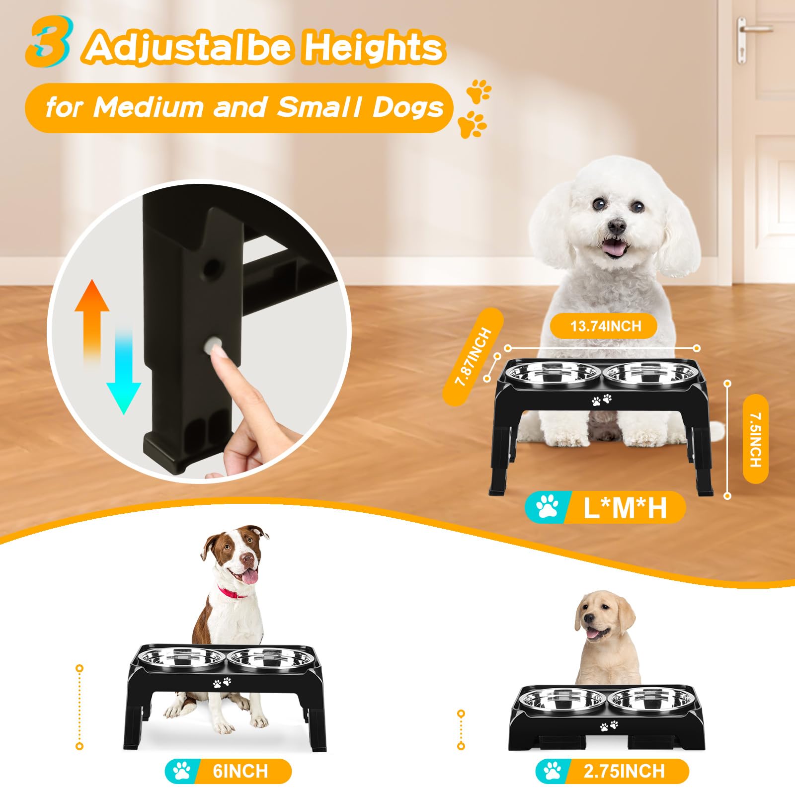 COMESOON height-adjustable stand close-up shows easy height presets for growing dogs