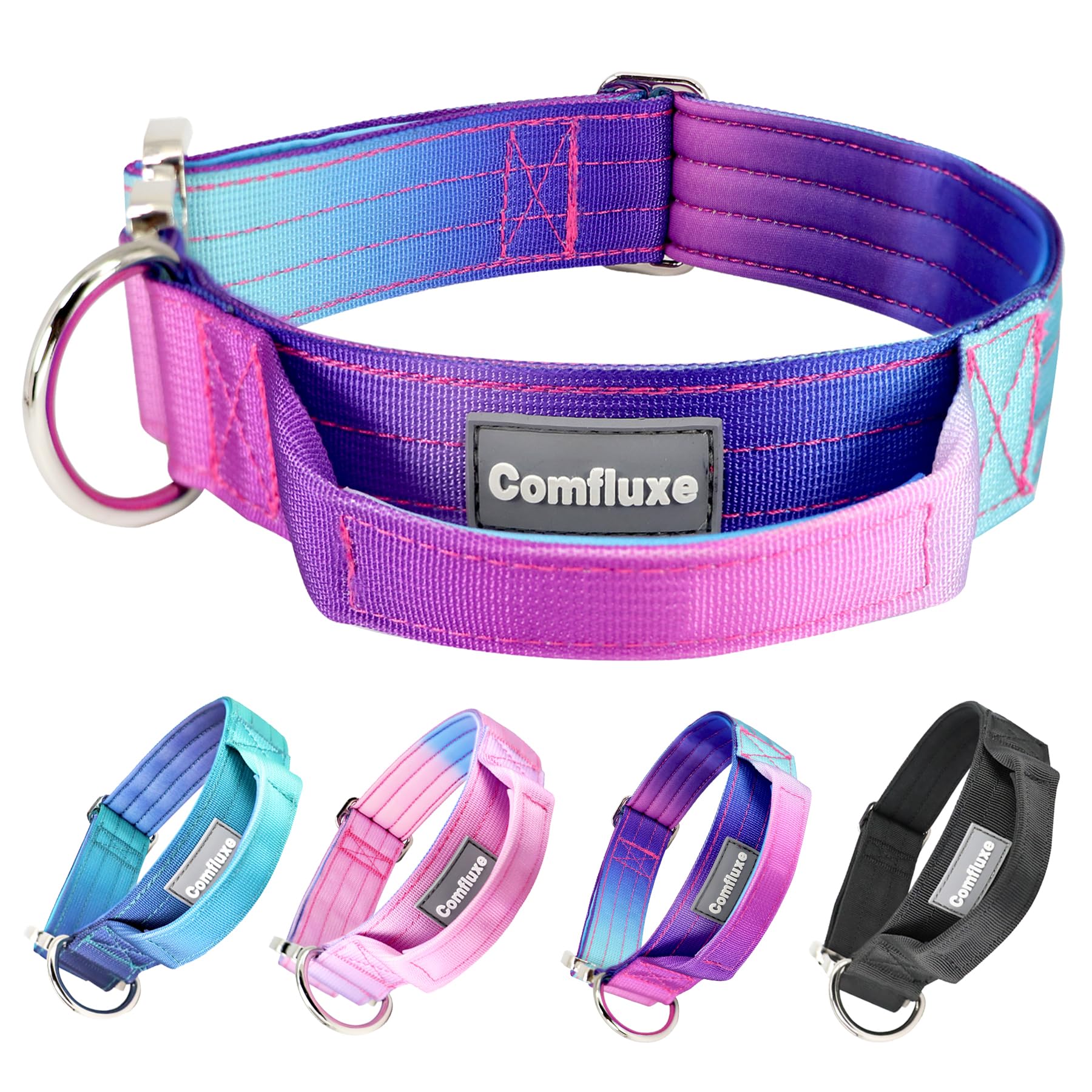 Comfluxe Tactical Dog Collar with Handle in purple for large dogs and confident control.