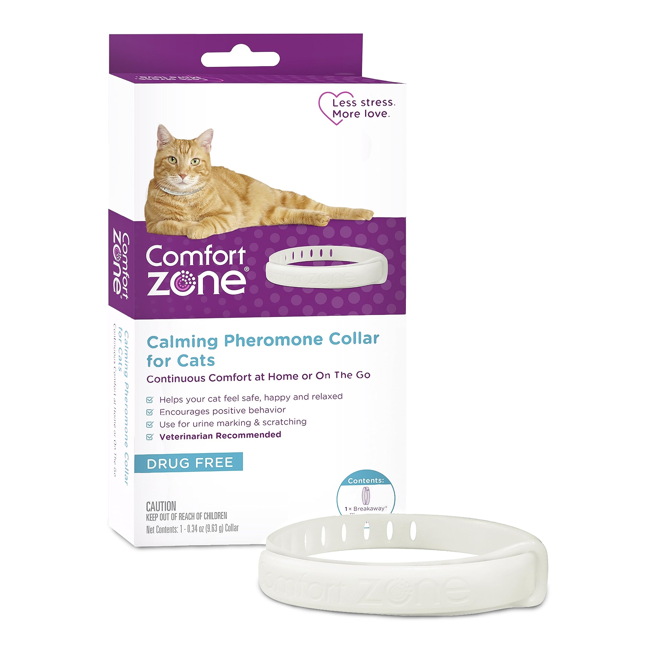 Comfort Zone cat calming collar worn to support calm behavior on the go