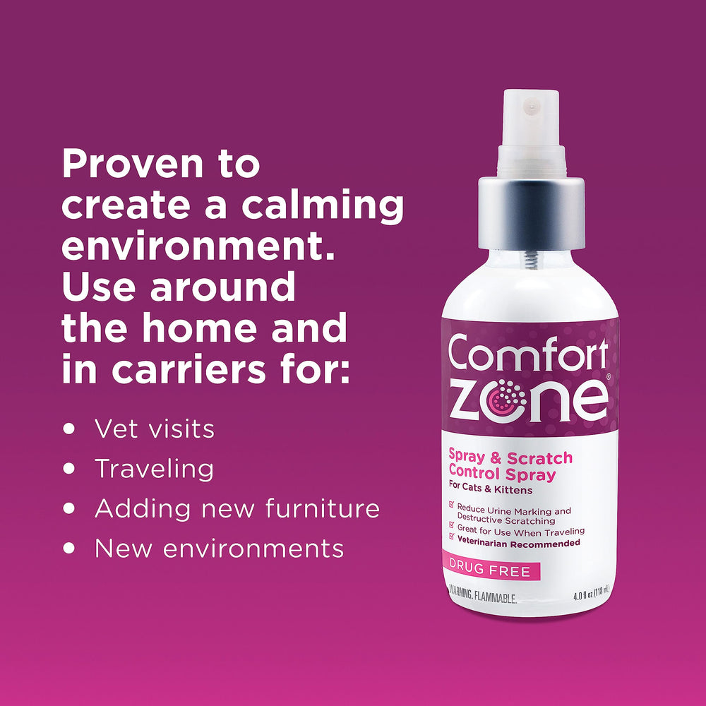 Comfort Zone spray used in car or travel bag to ease vet visits.