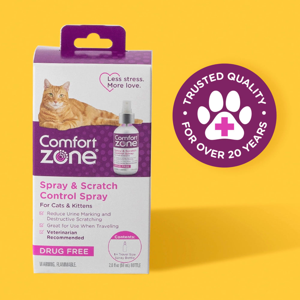 Comfort Zone calming spray on doorframe illustrating furniture protection and calm behavior