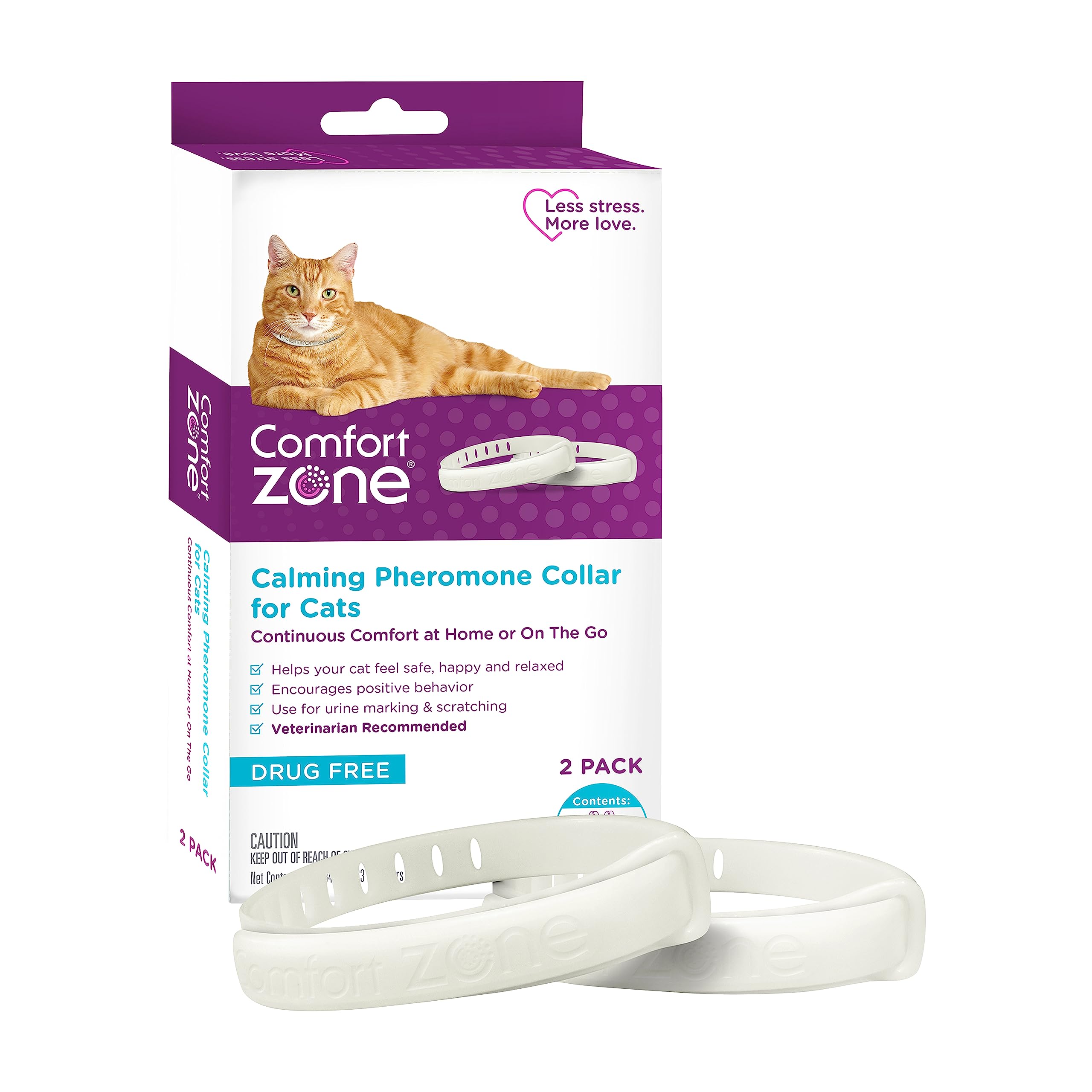 Comfort Zone cat calming collar worn on a cat for travel calm