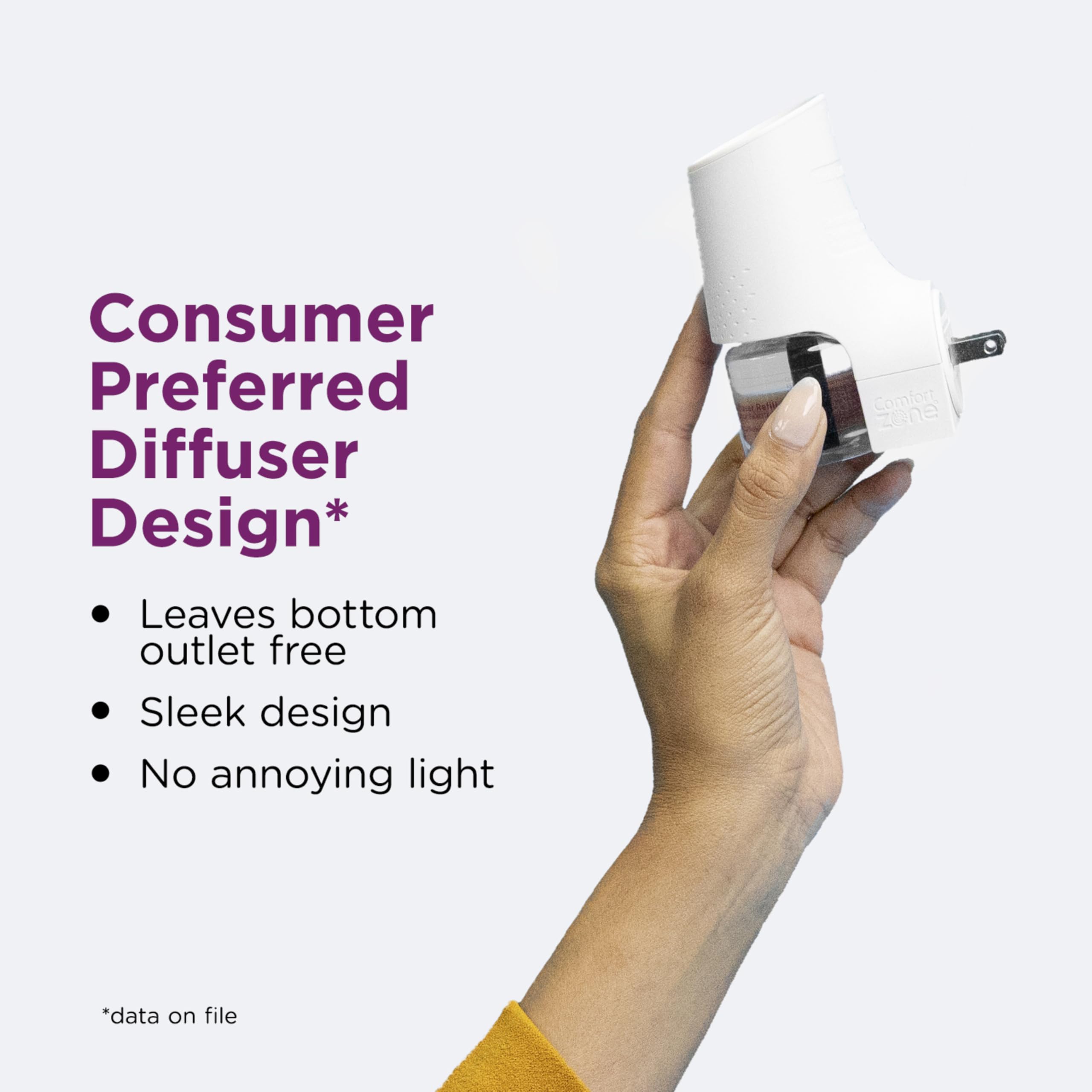 Comfort Zone Diffuser Bottom Outlet Open fits standard outlets without blocking access.