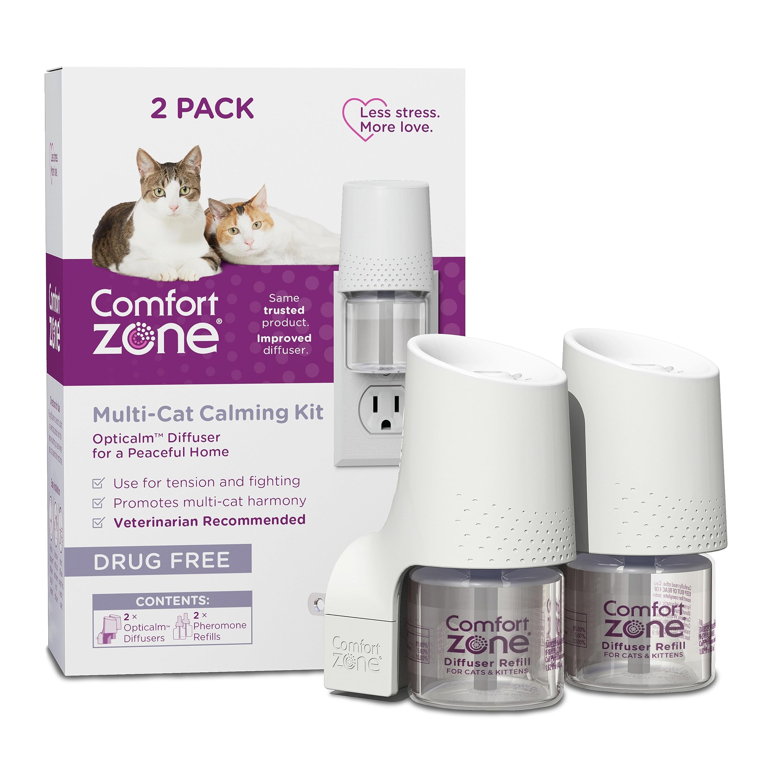 Comfort Zone savings kit with two diffusers in living room promote calmer multi-cat space