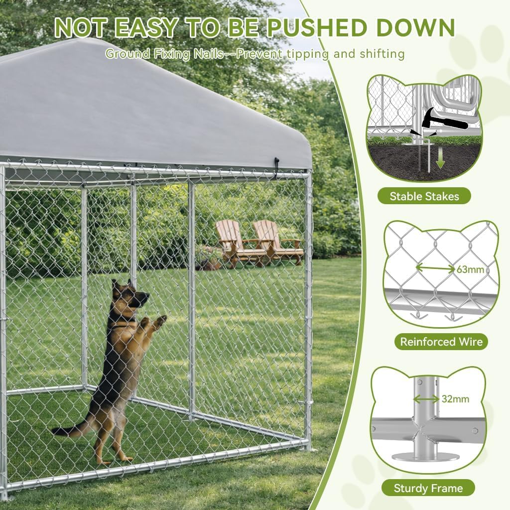 COMHOMA ground stakes anchor the kennel for stability on outdoor ground.