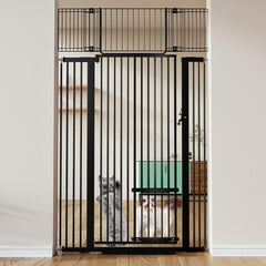 COMOMY 71-inch extra-tall cat gate installed in a doorway for safe pet separation
