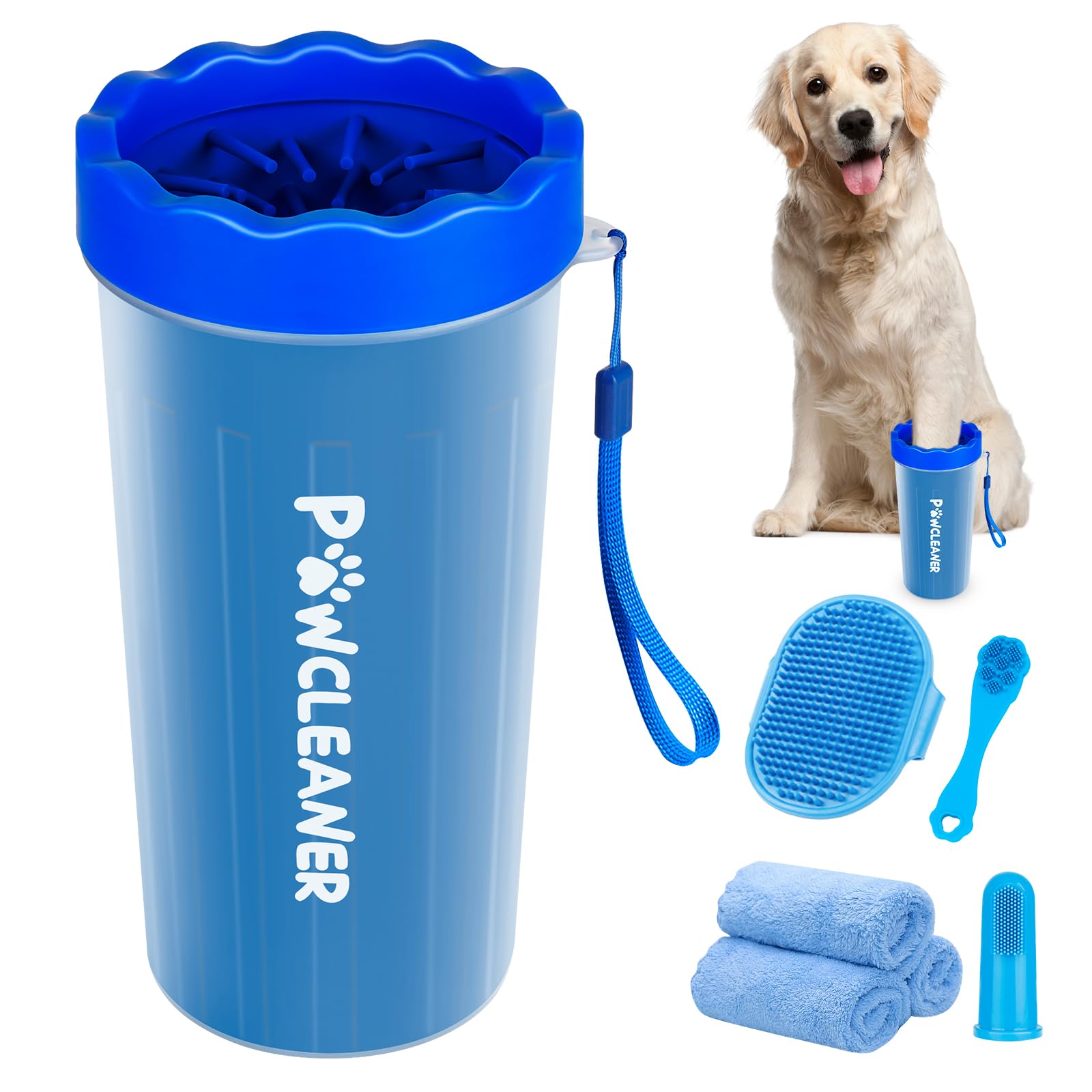 Comotech dog paw cleaner portable washer in use to rinse muddy paws.
