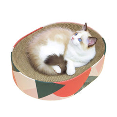 ComSaf cat scratcher cardboard bed oval 17x13 provides a cozy zero-gravity nap zone.