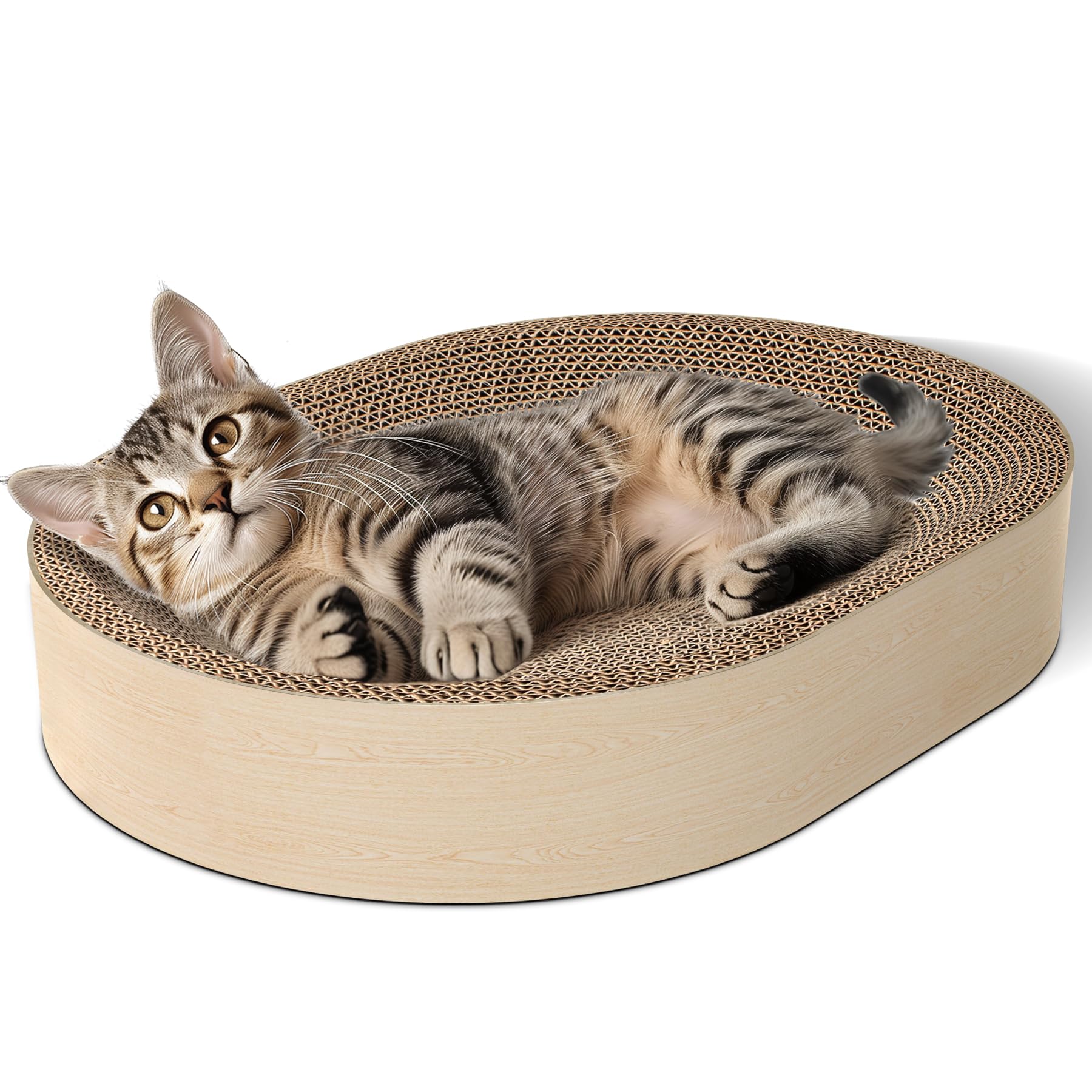 ComSaf cat scratching board sleep-bowl shows zero-gravity nap comfort.