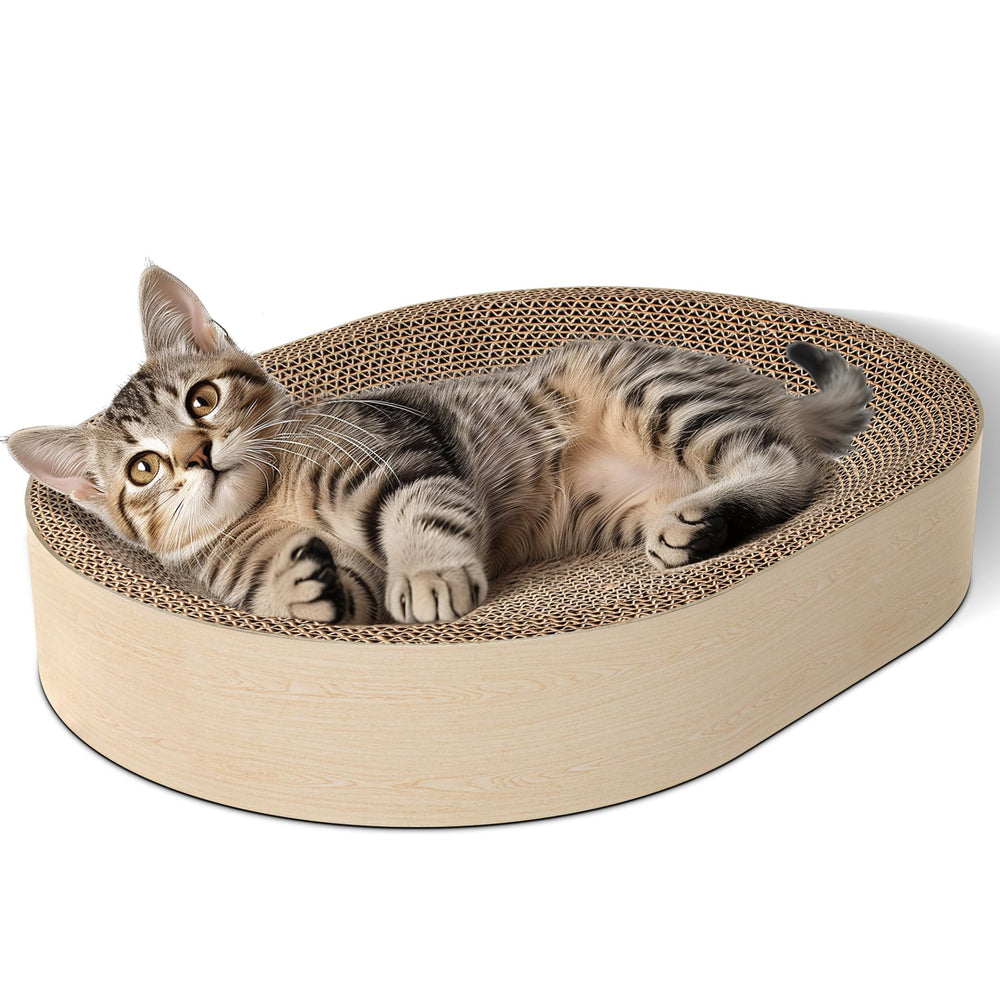 ComSaf cat scratching board sleep-bowl shows zero-gravity nap comfort.