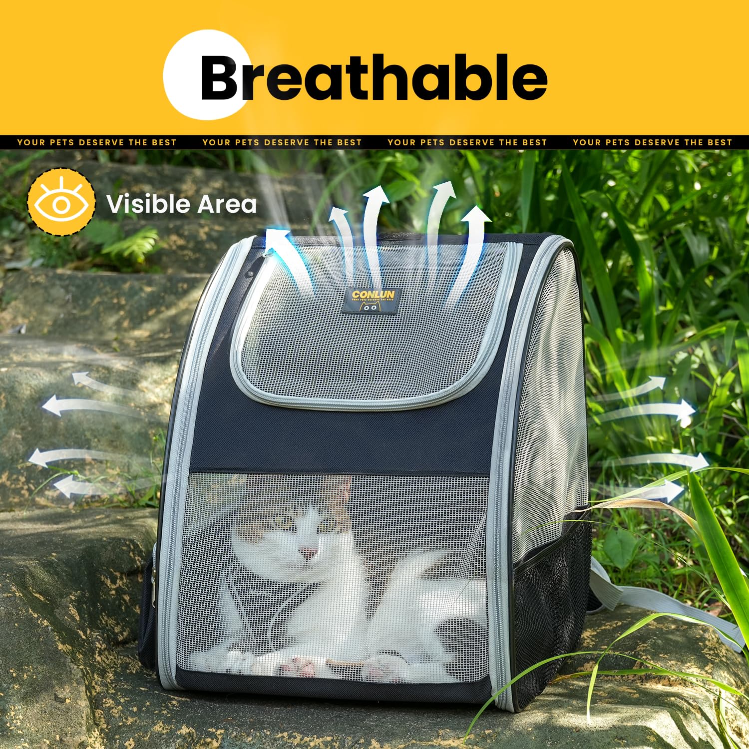 Conlun pet carrier features anti-escape clips for secure travel.