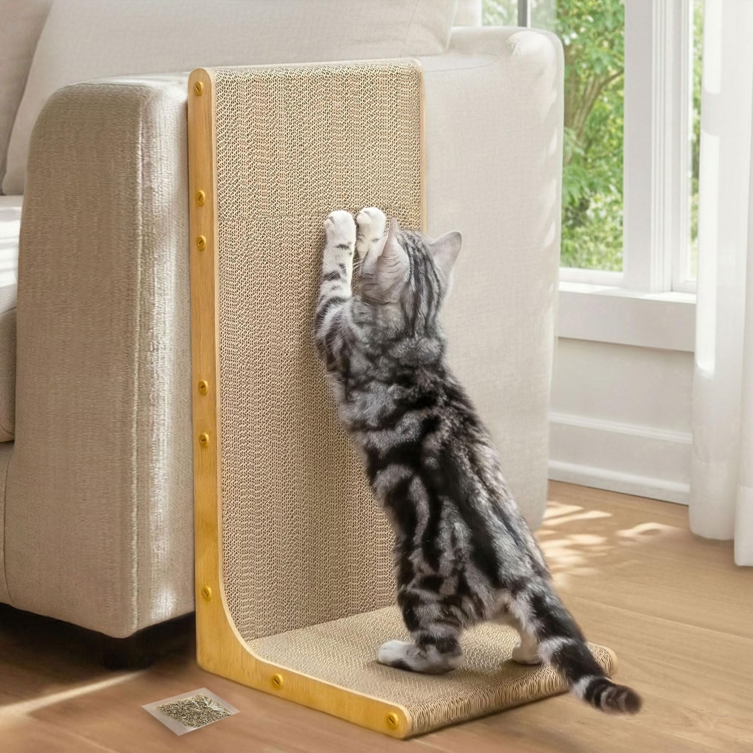 Conlun Cardboard Scratcher 23-inch L-shaped woodgrain protects furniture and entertains cats.