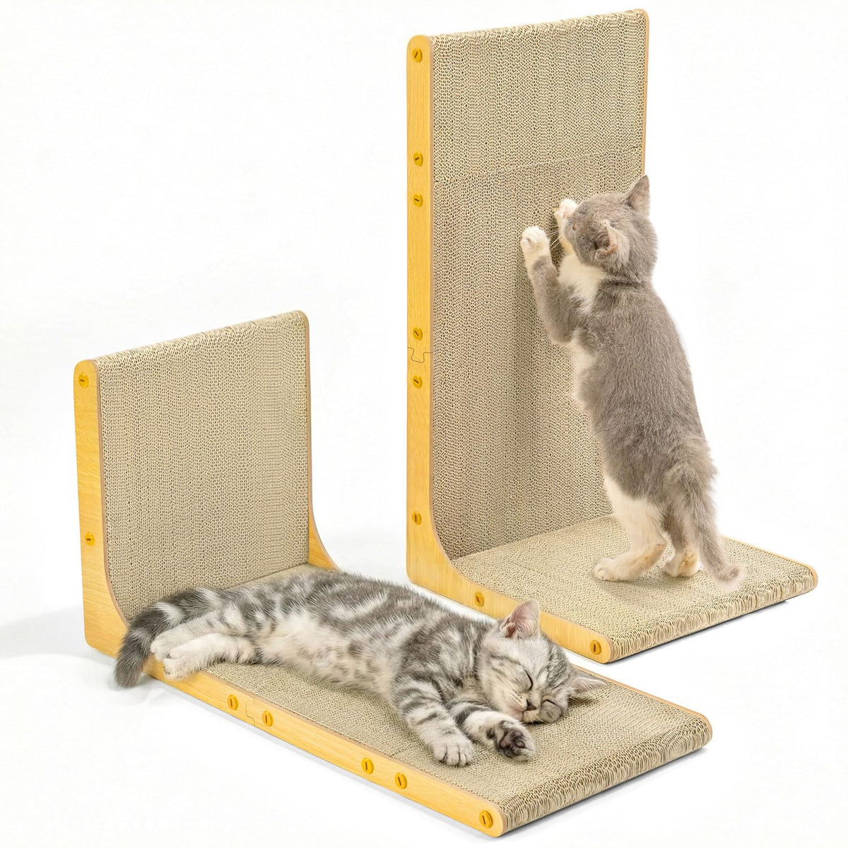 Conlun Cardboard Scratcher 26-inch L-shape in woodgrain, spacious surface for scratching.