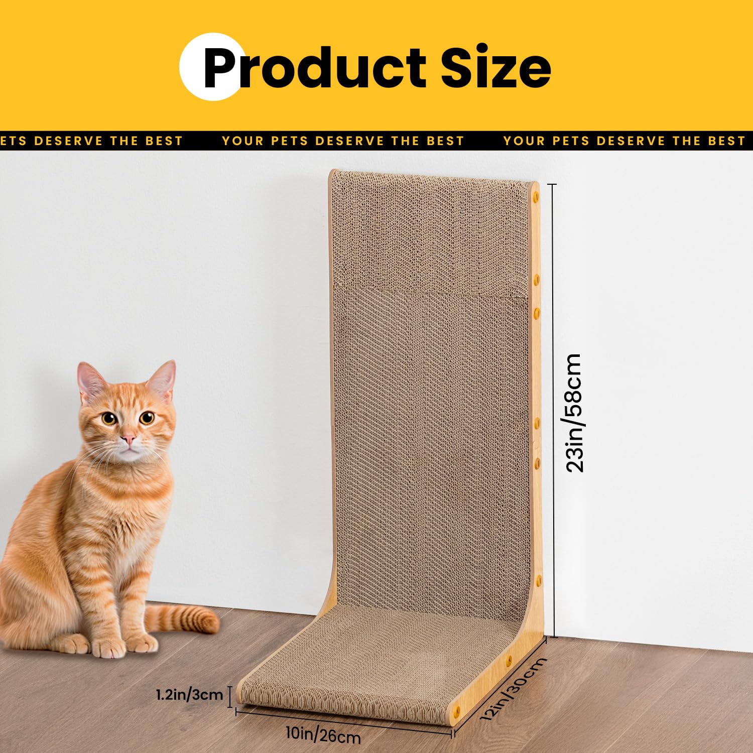 Conlun Cardboard Scratcher vertical wall-leaning beside sofa demonstrates space-saving protection.