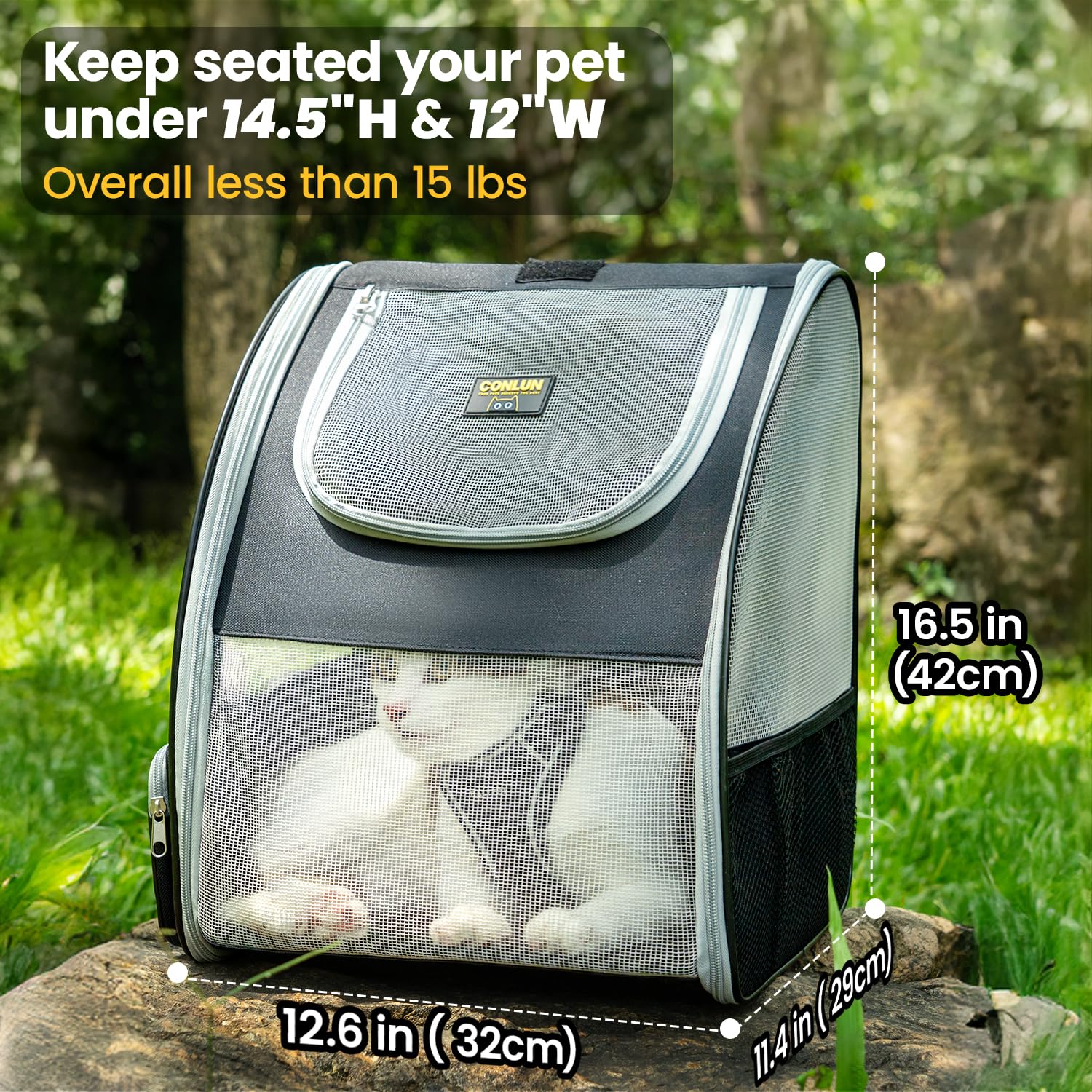 Conlun cat backpack carrier shows top and side entry points for easy access.