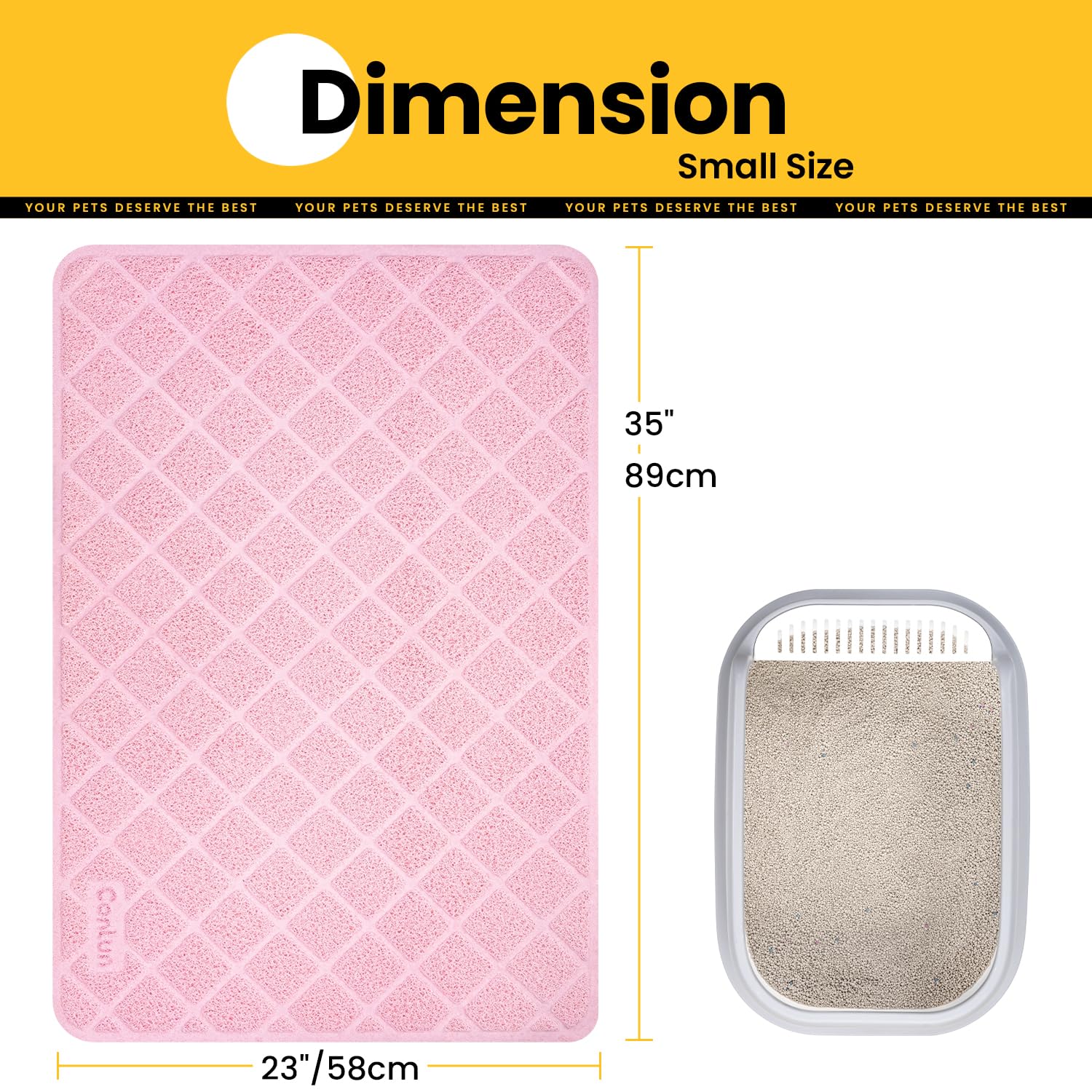 Conlun cat litter mat on floor shows generous 35x23 inch coverage.