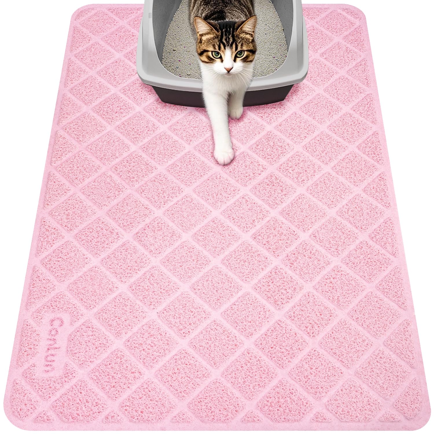 Conlun cat litter mat closeup with pink grid pattern traps litter effectively.