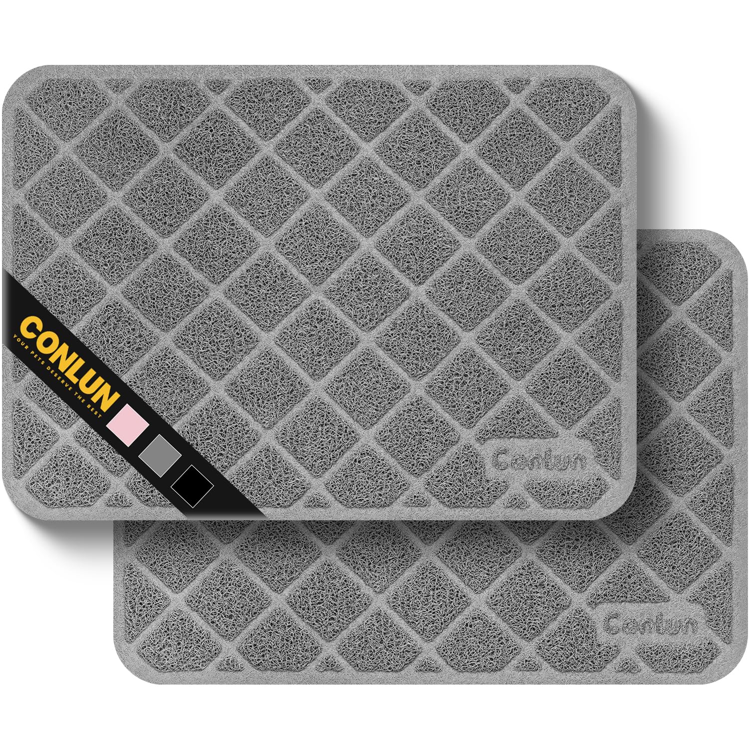Conlun cat litter mat with grid mesh traps litter from paws for cleaner floors.