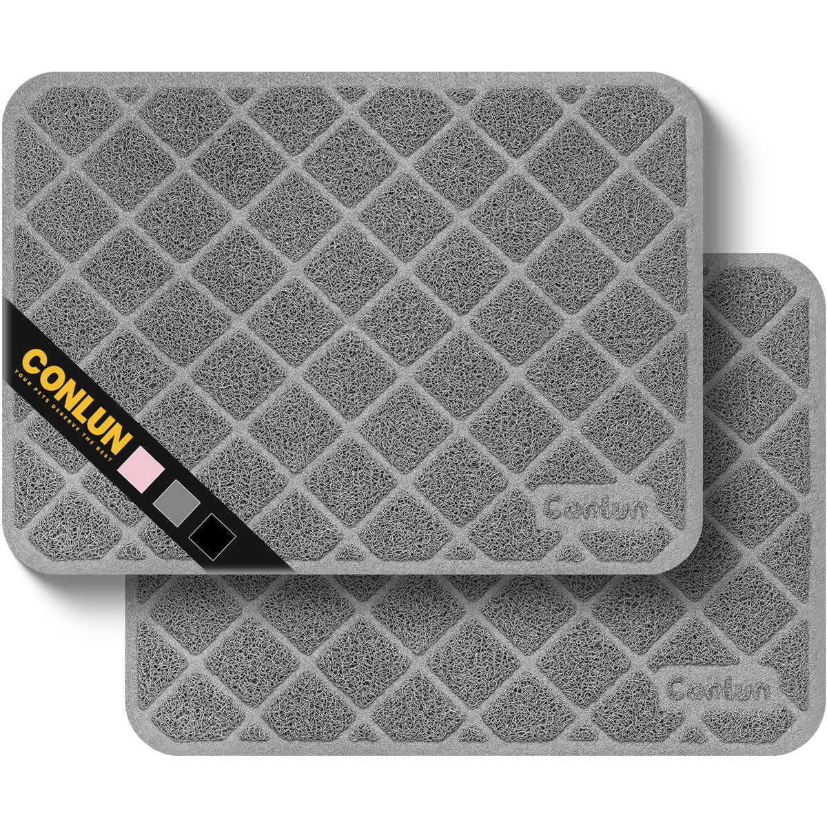 Conlun cat litter mat with grid mesh traps litter from paws for cleaner floors.
