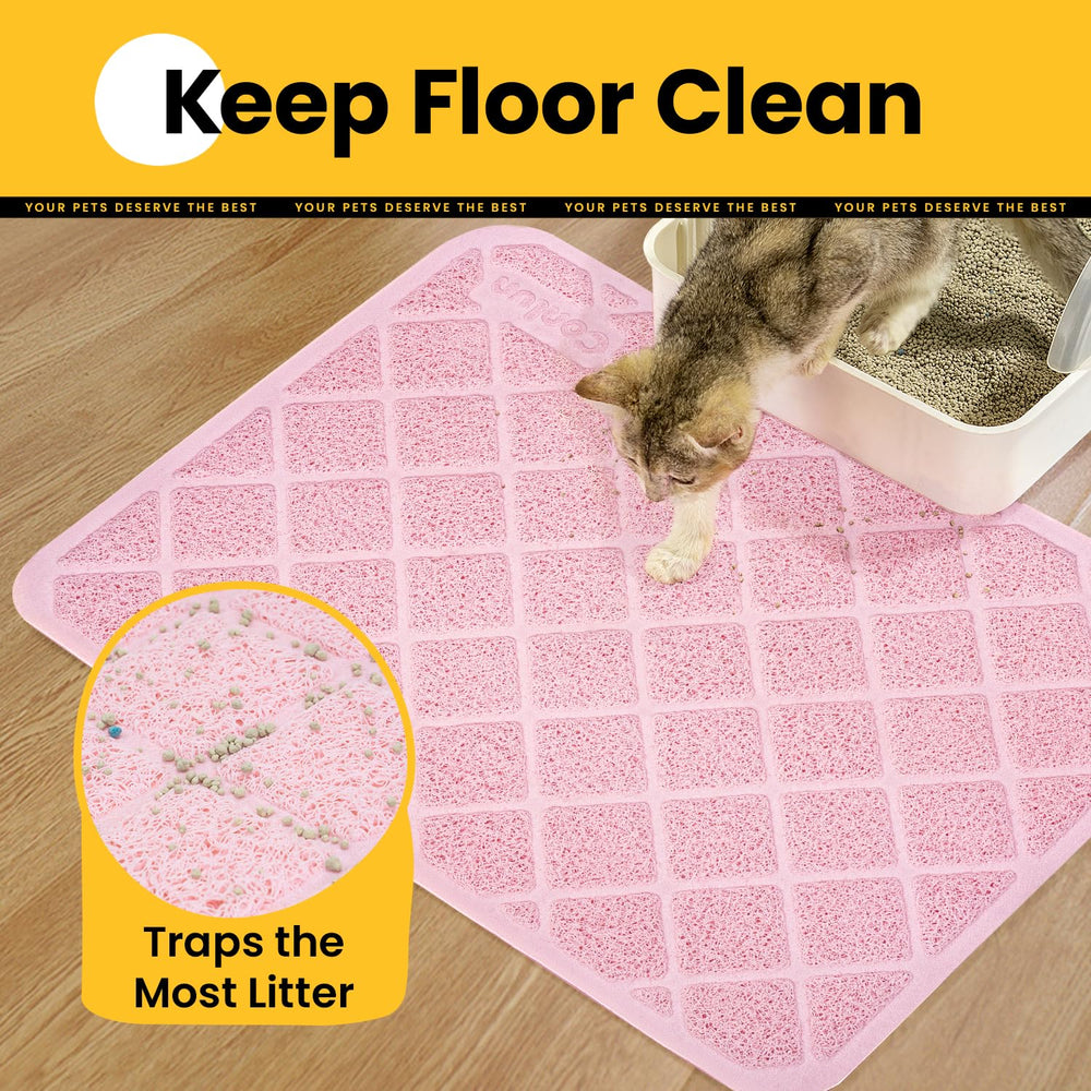 Conlun cat litter mat non-slip backing keeps mat in place beside the box.