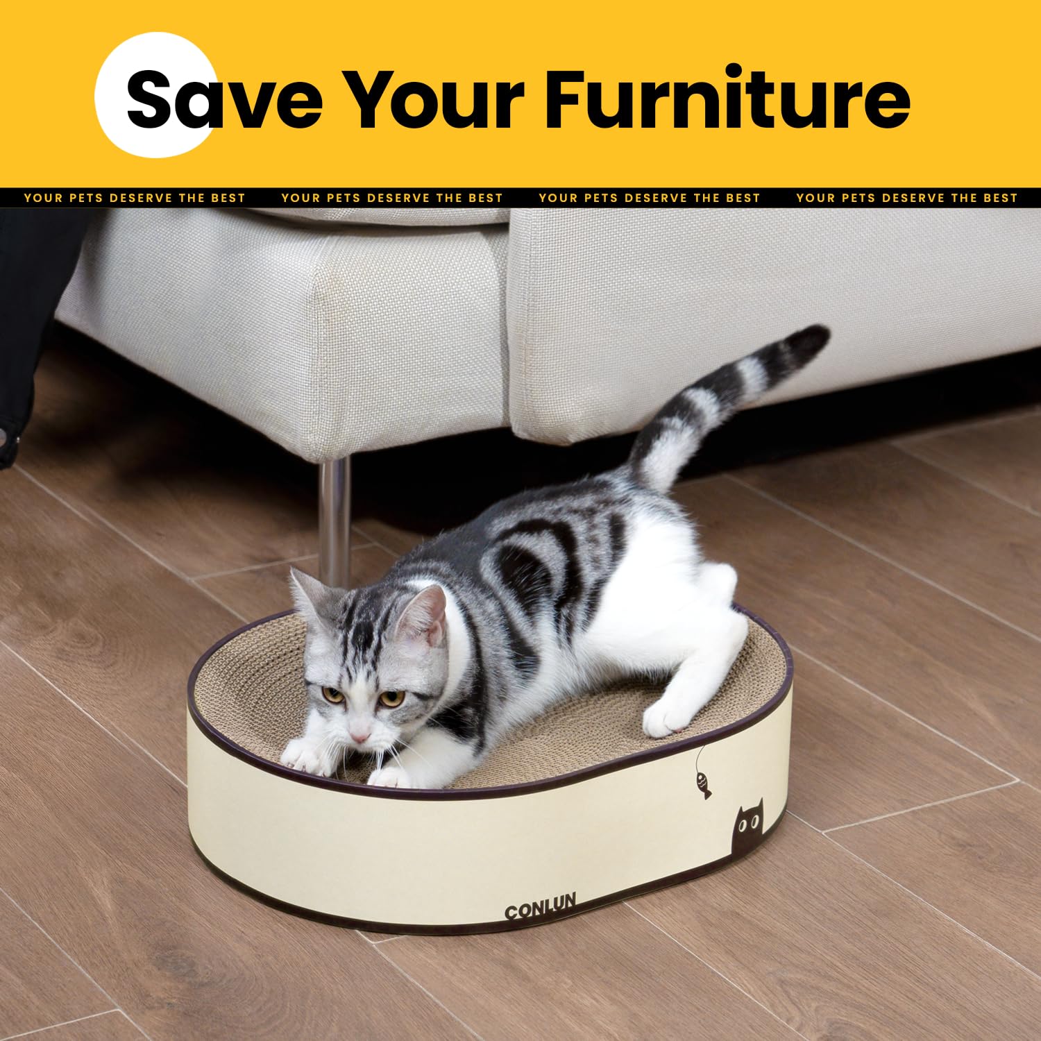 Conlun Cat Lounge Next to Sofa creates a dedicated scratching and lounging spot.
