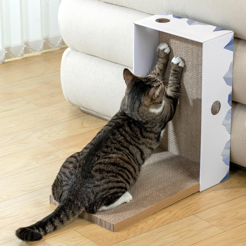 Conlun cat using the scratcher for rest and claws maintenance.
