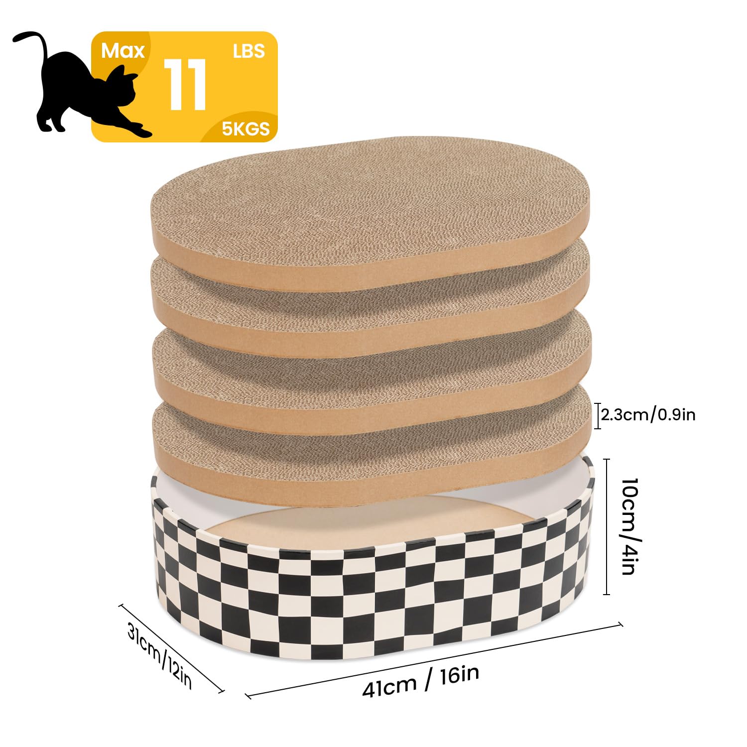 Conlun cat scratcher box measures 16x12x4 inches for versatile placement.