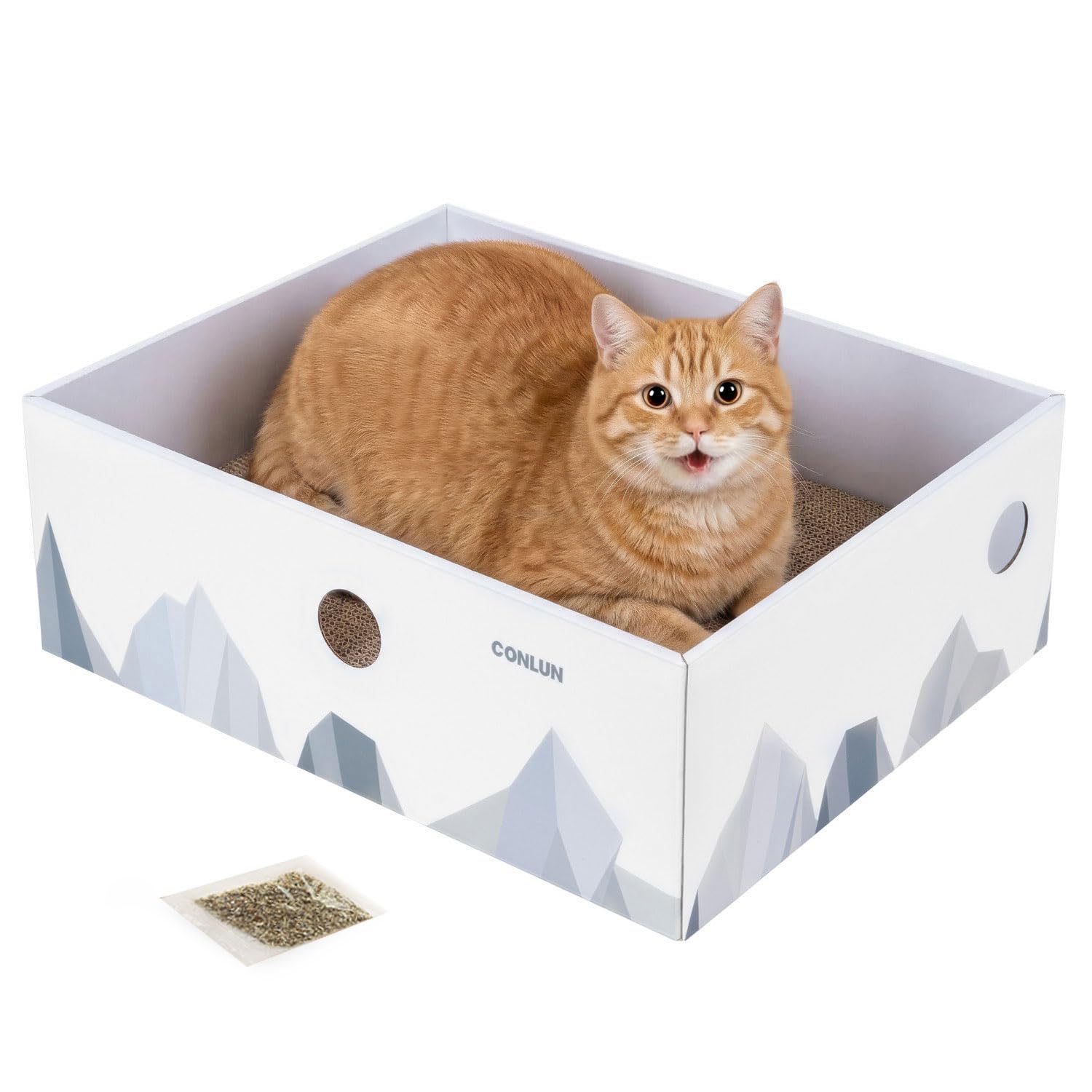 Conlun cat scratcher box with three-layer pads for durable scratching and play.