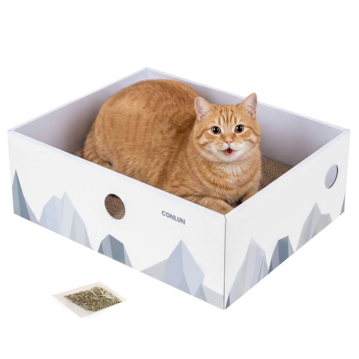 Conlun cat scratcher box with three-layer pads for durable scratching and play.