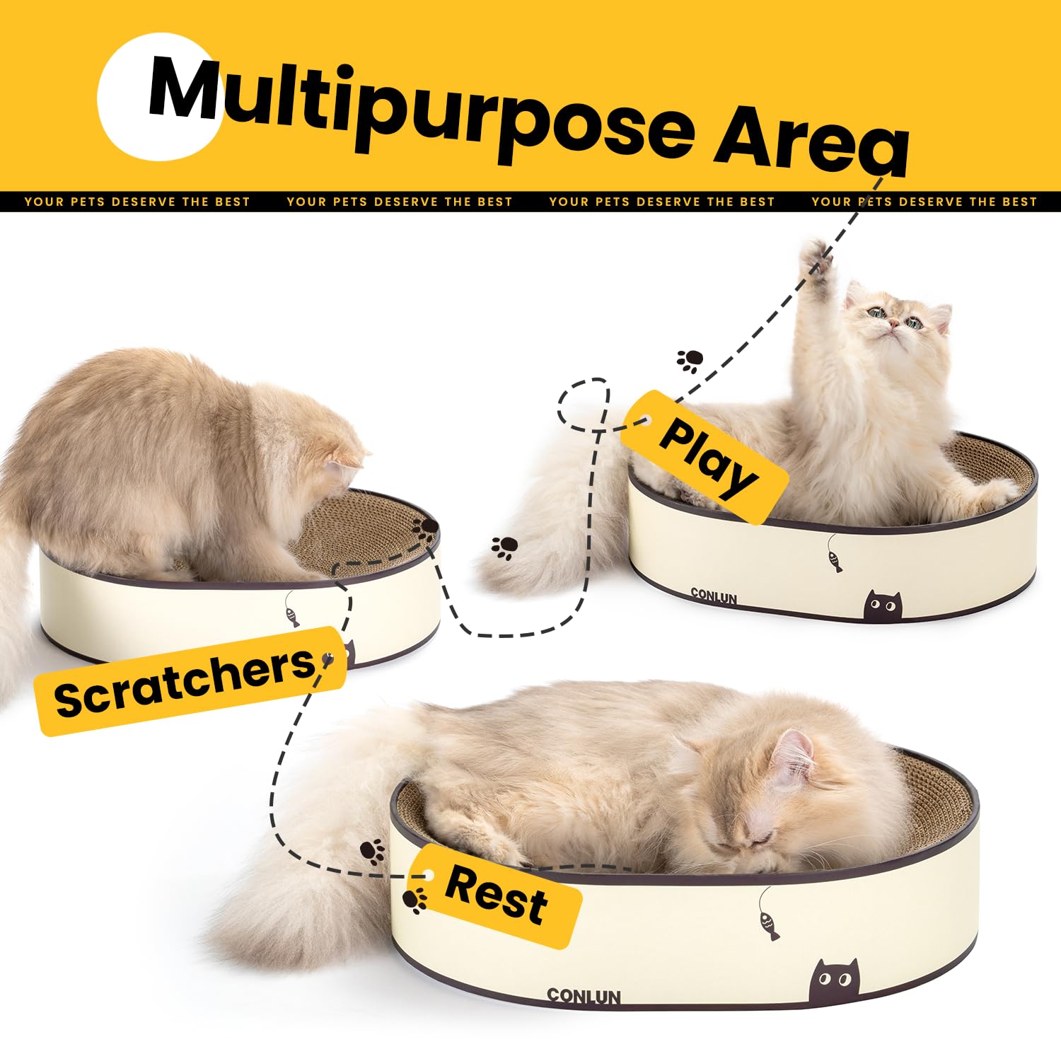Conlun cat scratching pad lounge bed side angle demonstrates 2-in-1 design.