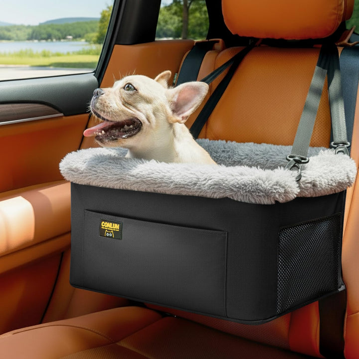 Conlun dog seat booster front view showing secure fit and elevated visibility for calm journeys
