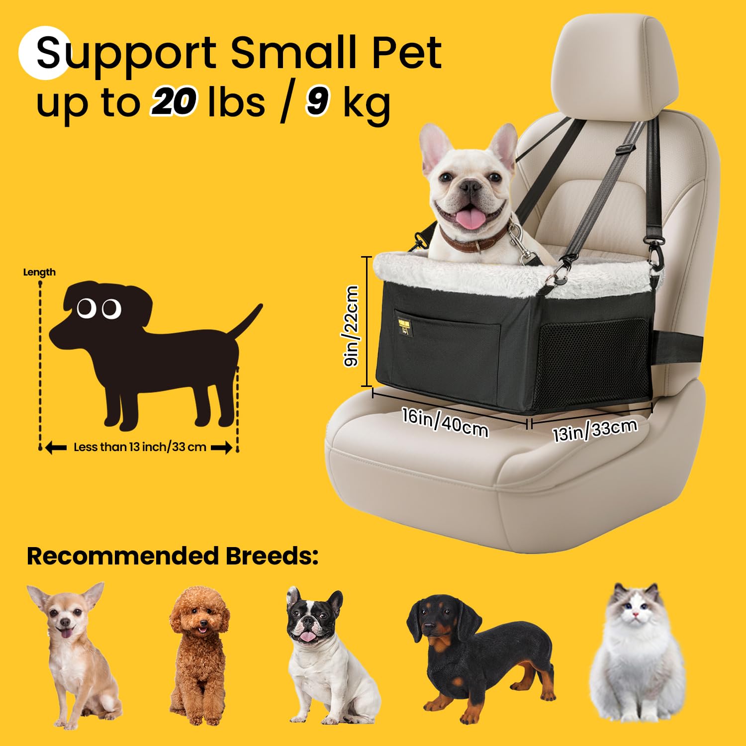 Conlun dog seat booster side view highlighting sturdy support during bumpy rides