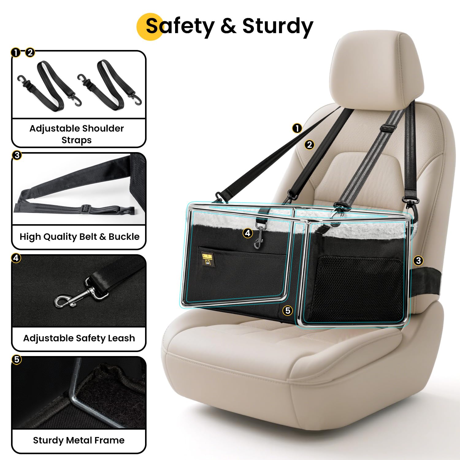 Conlun dog seat booster steel frame demonstrates durable internal support