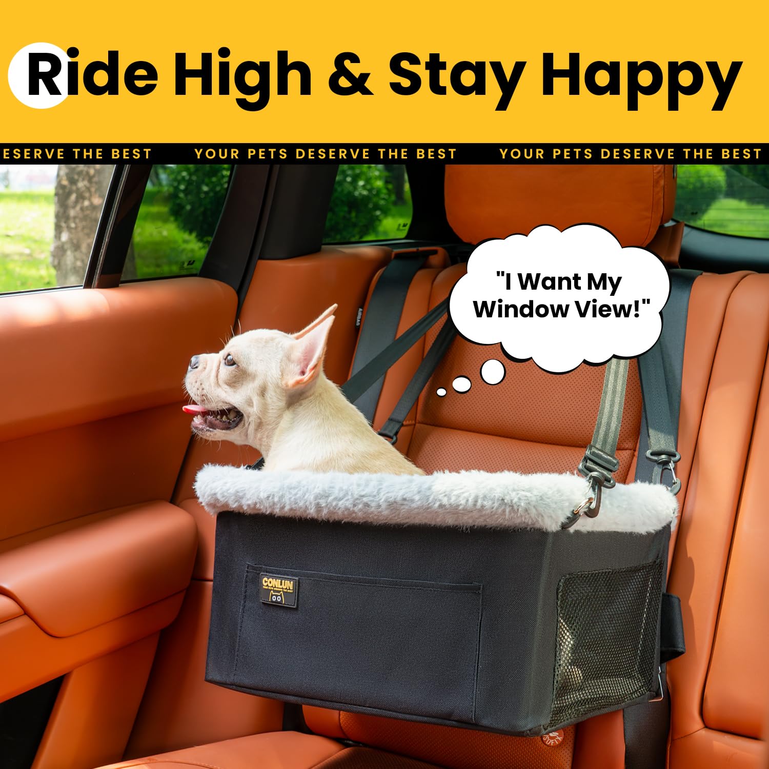 Conlun dog seat booster strap attachment indicating secure installation across vehicles