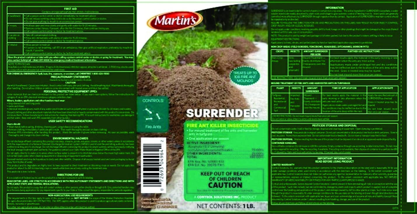 Control Solutions Surrender Fire Ant being applied with an outdoor spreader for treated areas.